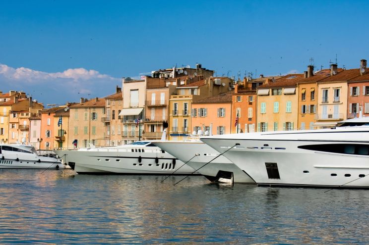 Luxury yachts lined up in the port of Saint-Tropez on the French Riviera
