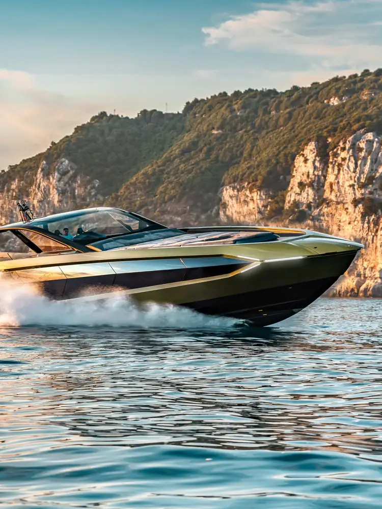Lamborghini 63 private yacht cruising along the Riviera coast