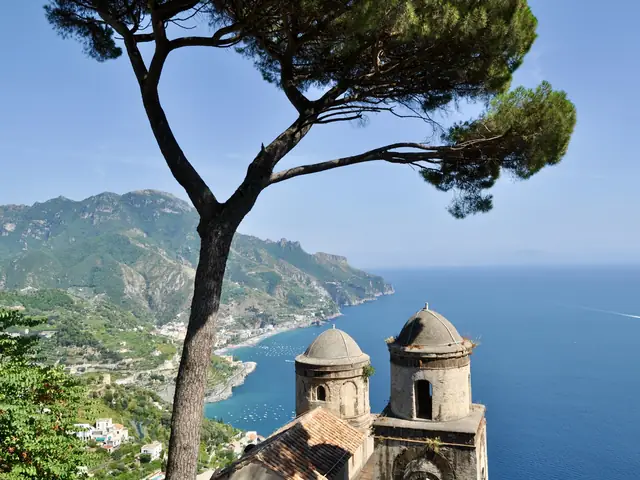 Ravello: Umbrella pine and towers of Ravello above the Amalfi Coast